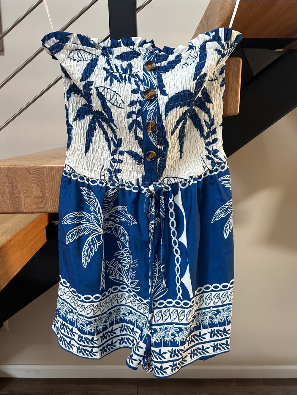 Smocked Blue & White Tropical Jumpsuit Romper